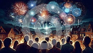 people in silhouettes looking up the colorful fireworks exploding in the night sky above rooftops.