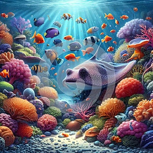 image of an underwater scene teeming with colorful coral, many fishes and a gentle sea creature.