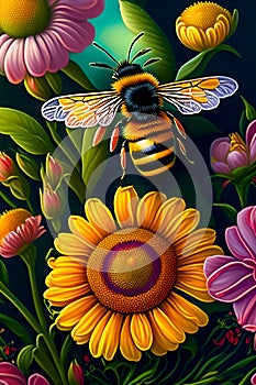 image of the bumble-bee flying around or surround by ornate flowers garden scene.