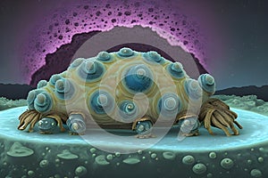 painterly image of the otherworldly landscape of a tardigrade and some bacteria. photo