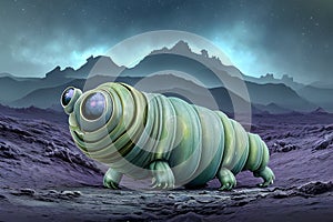 painterly image of the otherworldly landscape of a tardigrade and some bacteria. photo