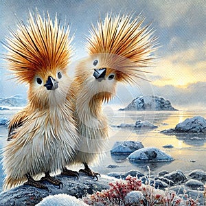 two eudyptes chrysolophus looking curiously with the heads tilted sideway. photo