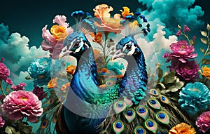Artificial intelligence-generated, a peacock in the flower bushes.