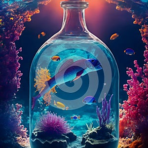 surreal image of the psychedelic ocean inside a glass bottle.