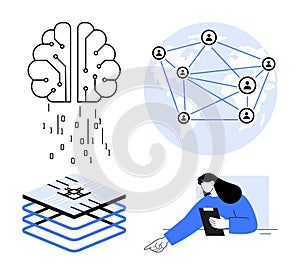 Artificial intelligence, global connections, data processing, and professional communication concepts