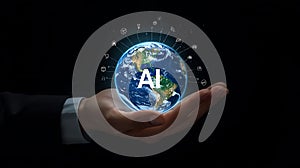 Artificial Intelligence and Global Connectivity A Hand Holding Earth with AI Integration Representing Technological Advancement
