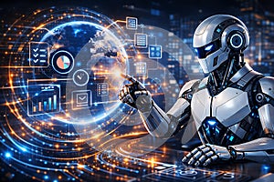 Artificial Intelligence Global Data Analytics Dashboard with Humanoid Robot