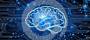 Artificial Intelligence. Glowing Brain On Circuit Board Background, Technology Concept