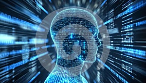 Artificial Intelligence. Glowing Head, Circuit Paths, Binary Code, Dark Blue Background