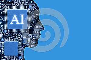 Artificial Intelligence head outline revealing electronic circuit board with microchip copy space