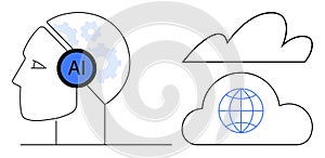Artificial Intelligence Head Profile with Cloud Computing and Global Connection Elements