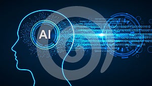 Artificial intelligence head profile with digital brain and binary code streams concept