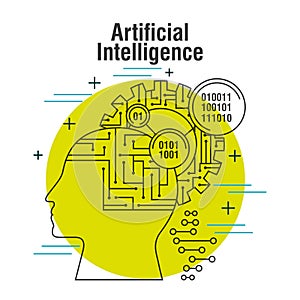 Artificial intelligence head profile with gear brain binary