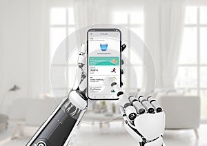 Artificial intelligence for health management concept. Robot hand holds a mobile phone with a health app