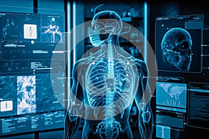 Artificial Intelligence in Healthcare. Abstract technology futuristic concept. Human body digital health care system. Generative