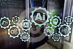 Artificial intelligence hi-tech business technologies concept. Futuristic server room background. AI.