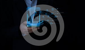 Artificial intelligence hologram head with data flow and machine learning concept on smartphone