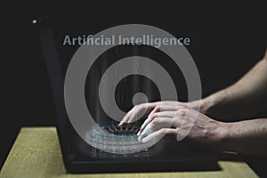 Artificial intelligence hologram on PC keyboard. AI versus Human being concept photo