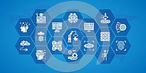Artificial Intelligence horizontal outline illustration. Robotics, Chatbot, Database, Big Data icon banner. Web banner