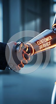 Artificial intelligence and human collaboration represented by a futuristic robot handshake