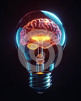 Artificial Intelligence and Human Creativity Concept. Glowing Brain Inside Light Bulb Innovation Symbol.