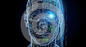 Artificial Intelligence Human Head with Circuit Board and Glowing Eye