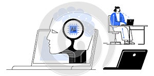 Artificial Intelligence and Human Interaction Concept with AI Brain and Professional at Work