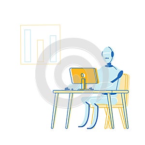Artificial Intelligence in Human Life Concept. Robot Sitting at Desk with Computer Working in Office