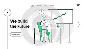 Artificial Intelligence in Human Life Website Landing Page. Robot Sitting at Desk with Computer Work in Office