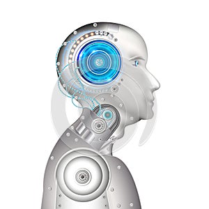 Artificial intelligence in humanoid head. AI with digital brain is learning processing big data, analysis information. Face of