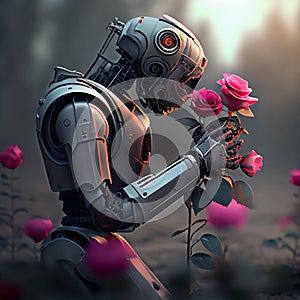 The artificial intelligence humanoid leans over to smell the roses