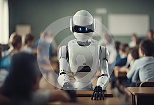 Artificial intelligence humanoid robot teacher in class at school