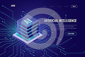 Artificial intelligence icon AI, isometric cloud computing concept, data mining, isometric, neural network, machine