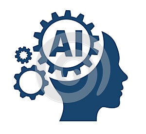 Artificial intelligence icon, machine learning and cyber mind domination concept in form of human face with gears, command prompt