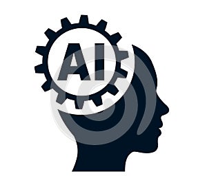 Artificial intelligence icon, machine learning and cyber mind domination concept in form of human face with gears, command prompt