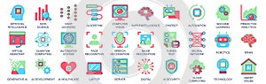 Artificial intelligence icon set in flat color icons web design. Pack pictograms with data science, deep learning