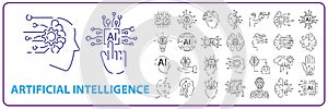 artificial intelligence icon set in line style, machine learning, smart robotic and cloud computing network digital AI