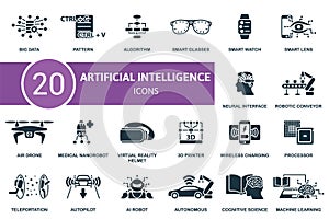 Artificial Intelligence icon set. Monochrome simple Artificial Intelligence icon collection. Big Data, Pattern