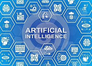 Artificial Intelligence icons banner. Robotics, Chatbot, Database, Big Data icons web header banner. Vector illustration