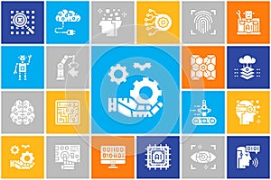 Artificial Intelligence icons set. Robotics, Chatbot, Database, Big Data vector illustration for advertisement, header