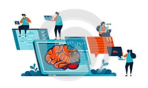 Artificial intelligence illustration of ai program to help problem solving in office tasks. analyze and research data on