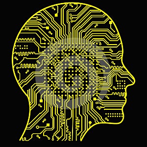 Artificial Intelligence. The image of human head outlines, inside of which there is an abstract circuit board