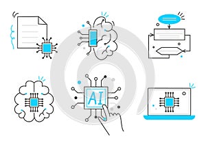 Artificial intelligence, including cybernetics, machine learning, robotics icons set, line vector. AI problem-solving