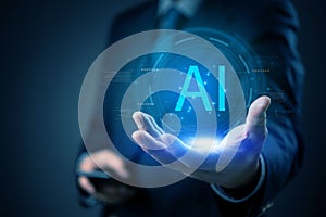 Artificial intelligence innovation with futuristic technology showing AI system, machine learning, and smart data network for