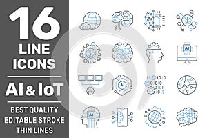 Artificial Intelligence and IoT thin icons set. AI, Iot, IIoT, Factory 4.0. Binary Code, Robot, Microchip, Smart Brain and other