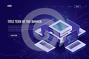 Artificial intelligence isometric abstract banner, neural network, server computers, software development, digital