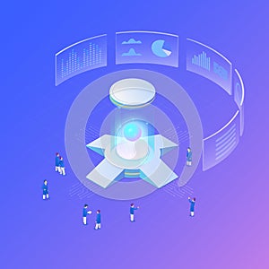 Artificial intelligence Isometric Flat vector concept AI, Powerful Server Big Data Computer, Blockchain data mining, Neural