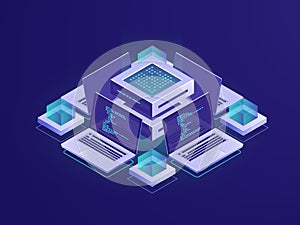 Artificial intelligence isometric icon, server room, datacenter and database concept, code repository access, programm