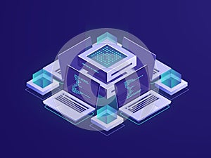 Artificial intelligence isometric icon, server room, datacenter and database concept, code repository access, programm photo