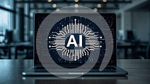 Artificial Intelligence on Laptop Screen Representing Machine Learning and Future Technology Advancements in Business and Science